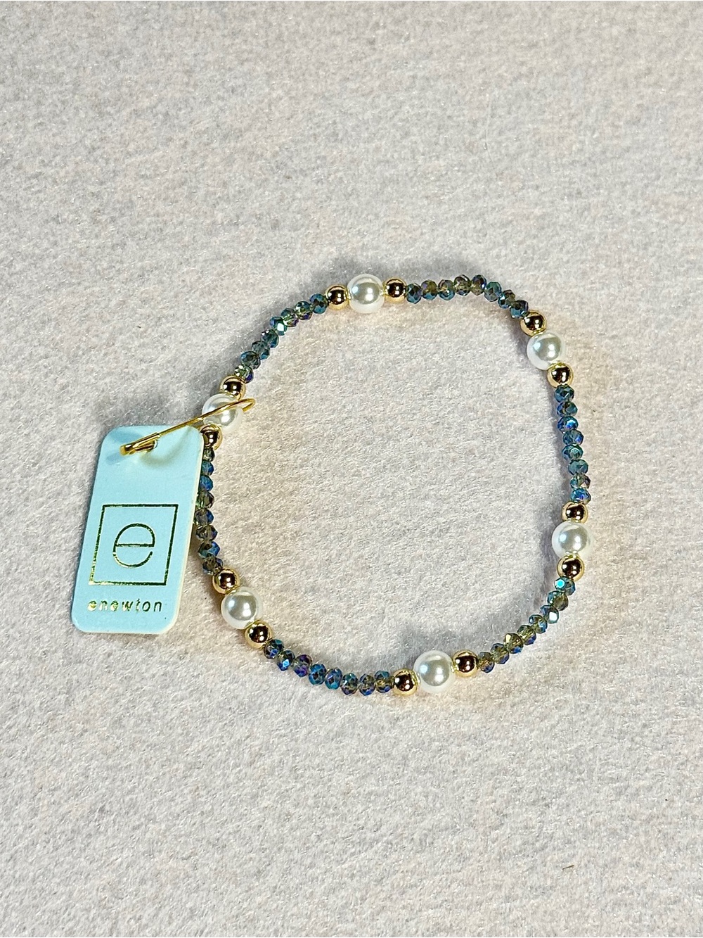 Enewton Blue Iridescent Crystal Gold & Pearl Stretch Bracelet New Trendy